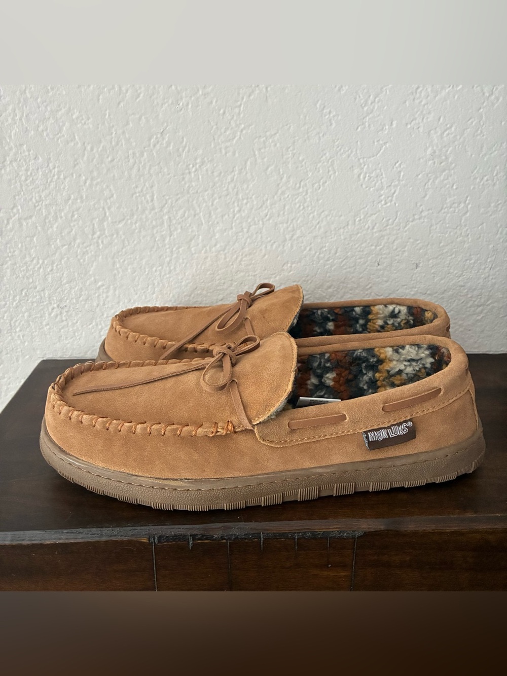 Mukluks Paul Printed Berber Suede Moccasin Slipper Tan Size 11 Men’s
